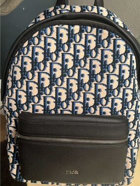 Dior Men's Blue & Cream Monogram Backpack with Black Leather Pocket